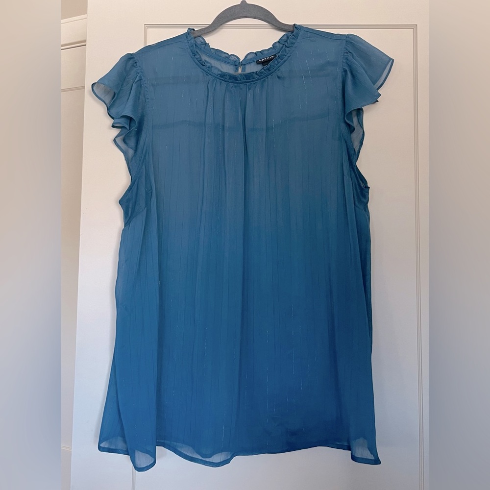 Torrid Blouse Blue Ruffle sheer Chiffon Metallic Stripe Top/tank EUC size 2